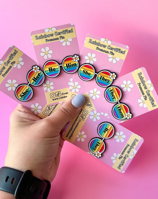 70's Rainbow Glasses Pronoun Pins