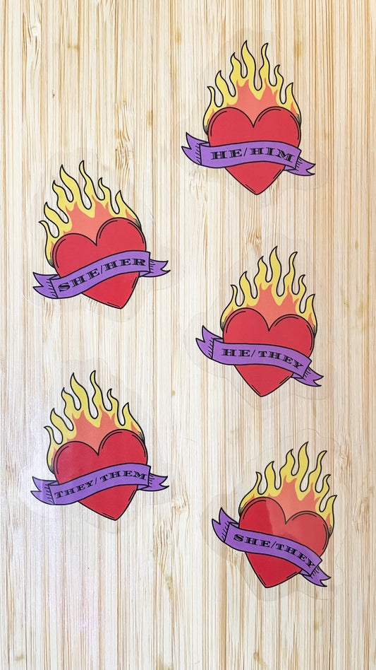Flaming Heart Pronoun LGBTQ+ Stickers