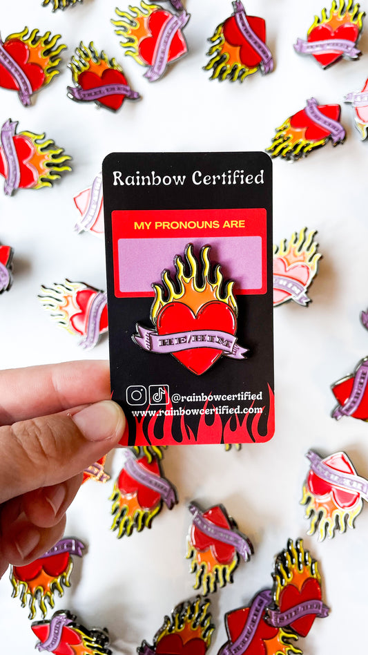 Flaming Heart Pronoun Pins