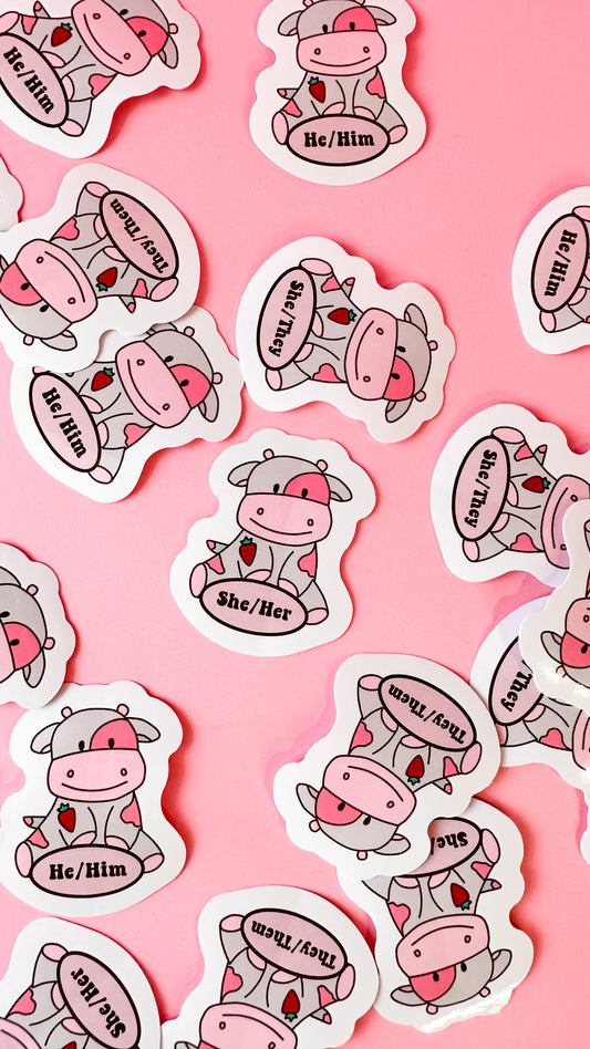 Strawberry Pink Cow Pronoun Sticker