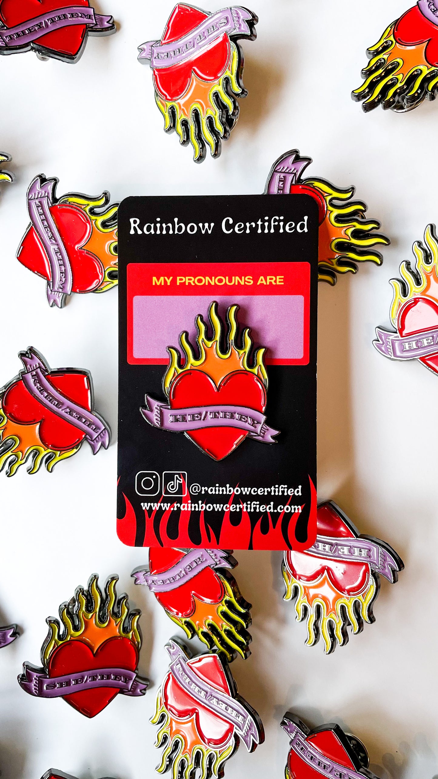 Flaming Heart Pronoun Pins