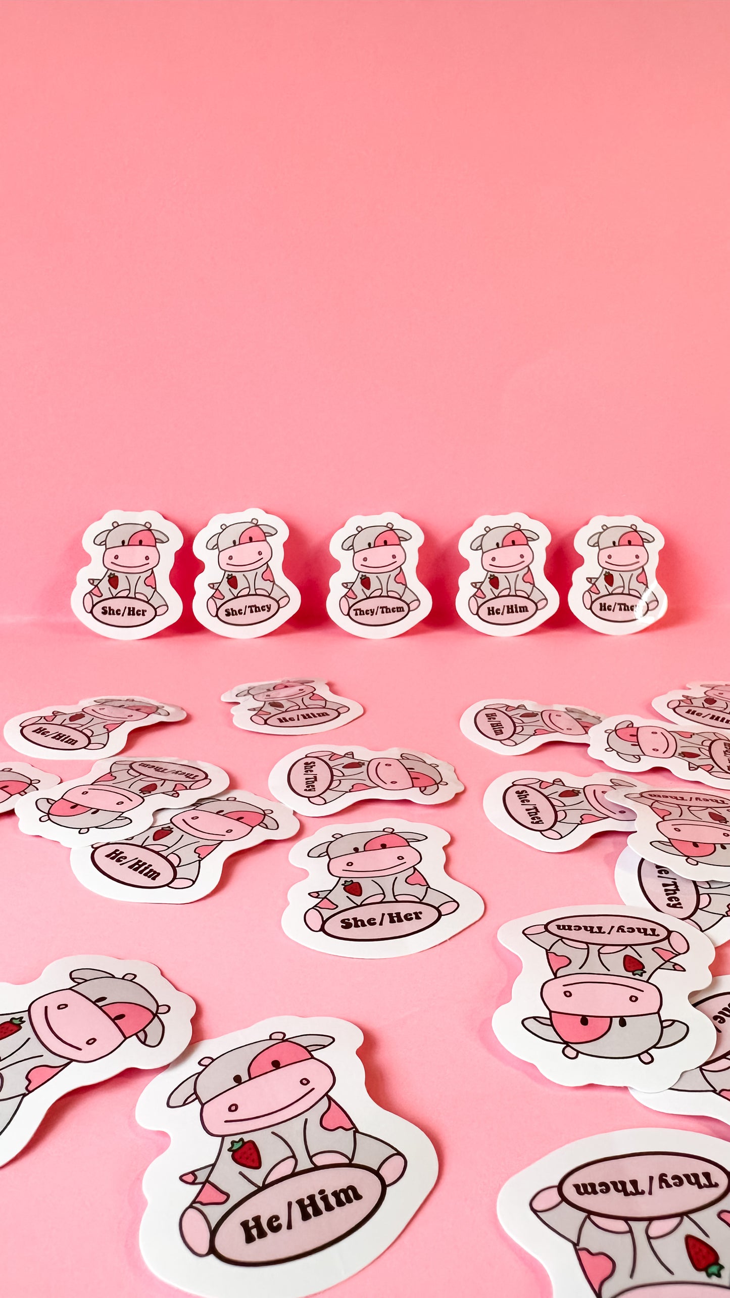 Strawberry Pink Cow Pronoun Sticker