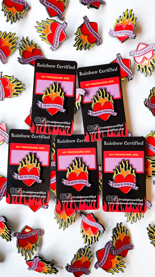 Flaming Heart Pronoun Pins