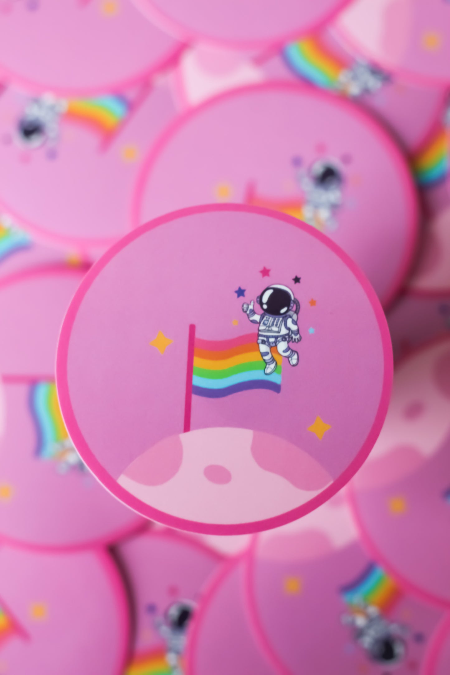 Moon landing astronaut with pride flag sticker