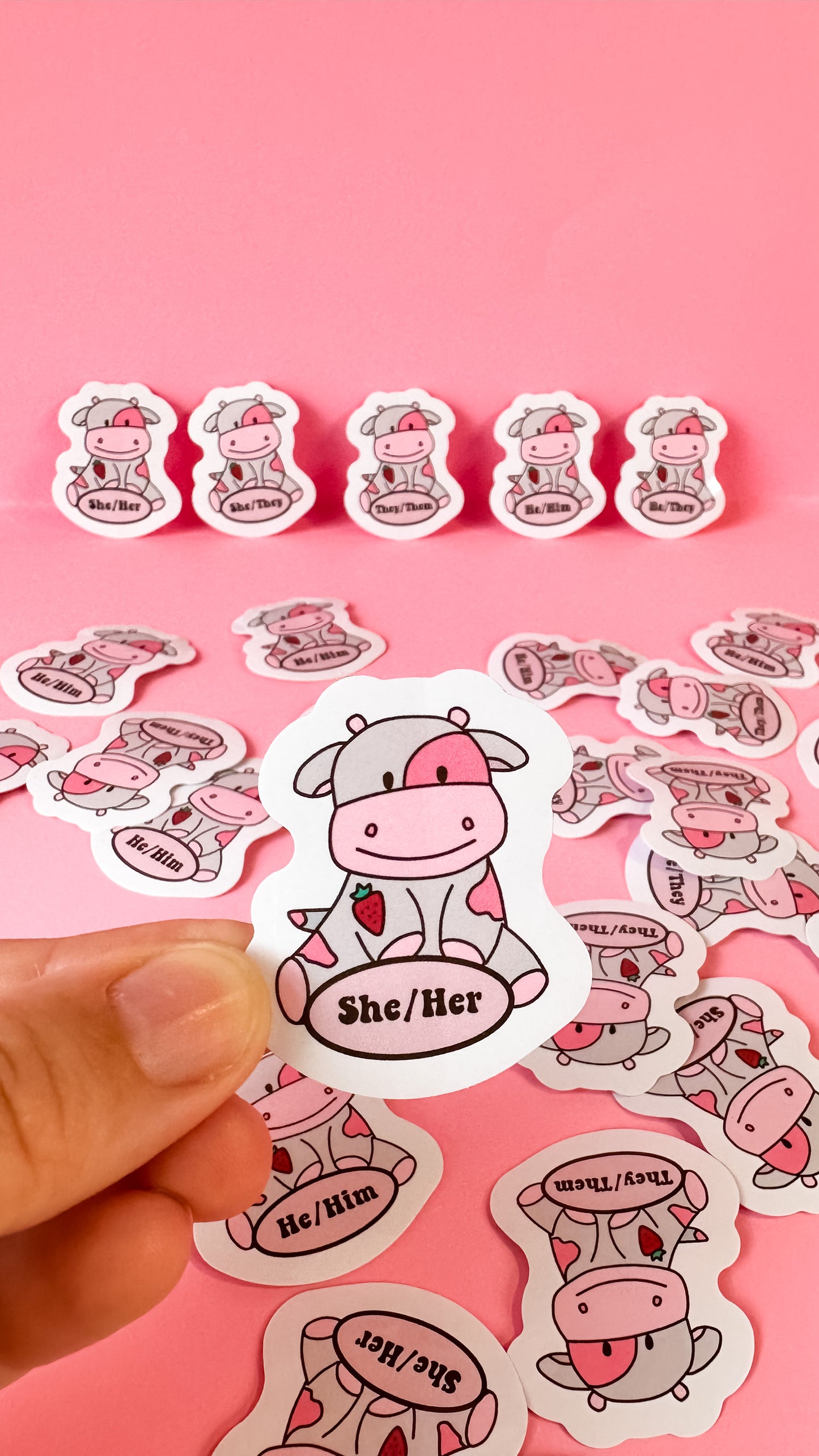 Strawberry Pink Cow Pronoun Sticker
